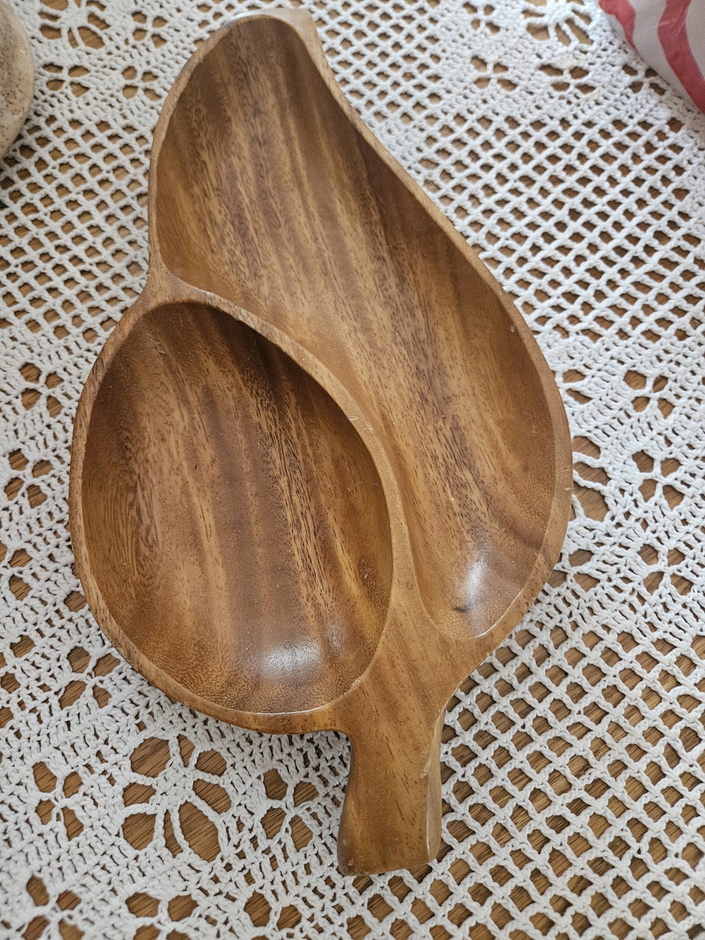 Vintage Handcrafted Wooden Double Serving Bowl - Brown